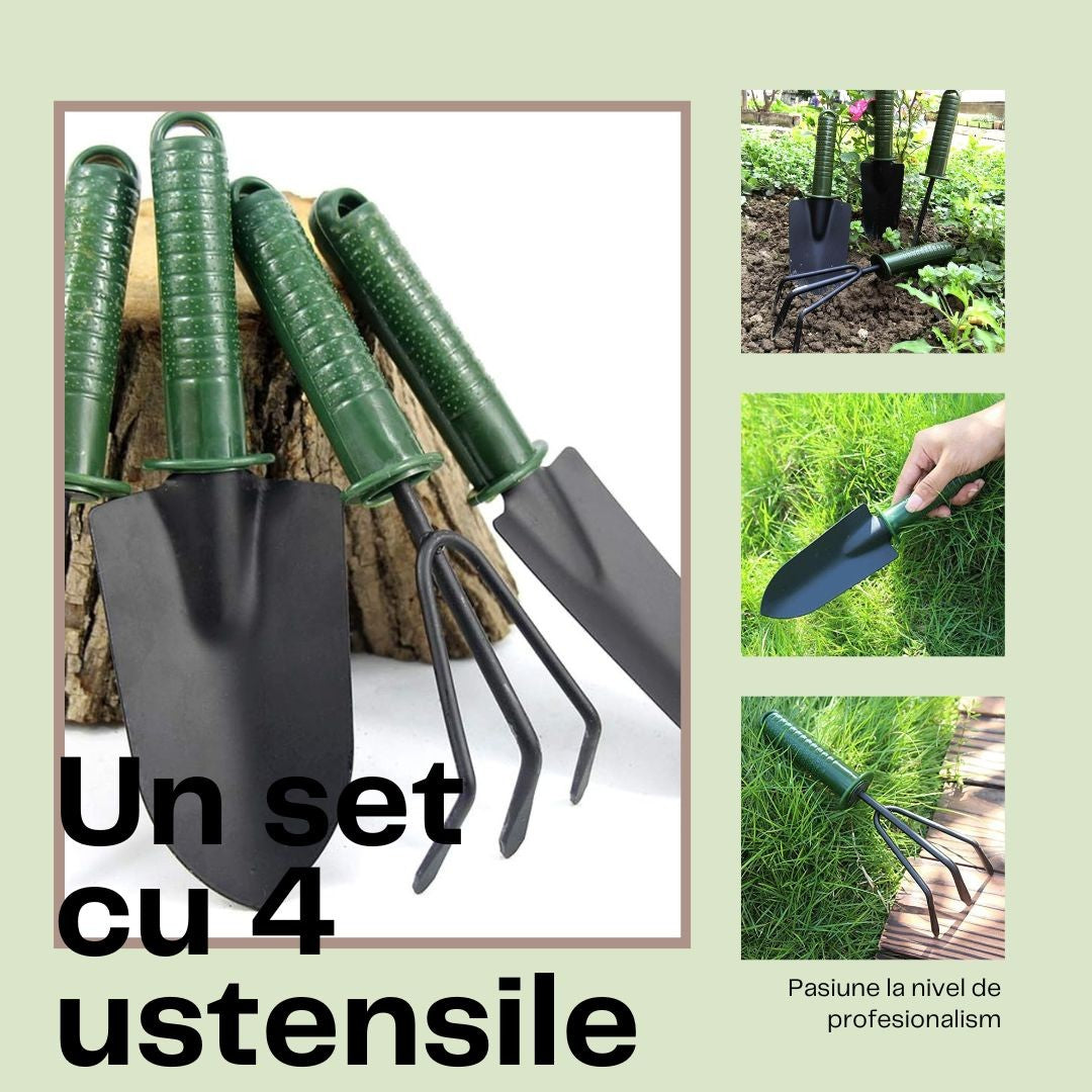Set 4 Unelte de Gradina pentru Plantare si Prelucrare Sol, Ustensile Ingrijire Plante, PVC si Carton, 25 x 8.5 cm, Verde
