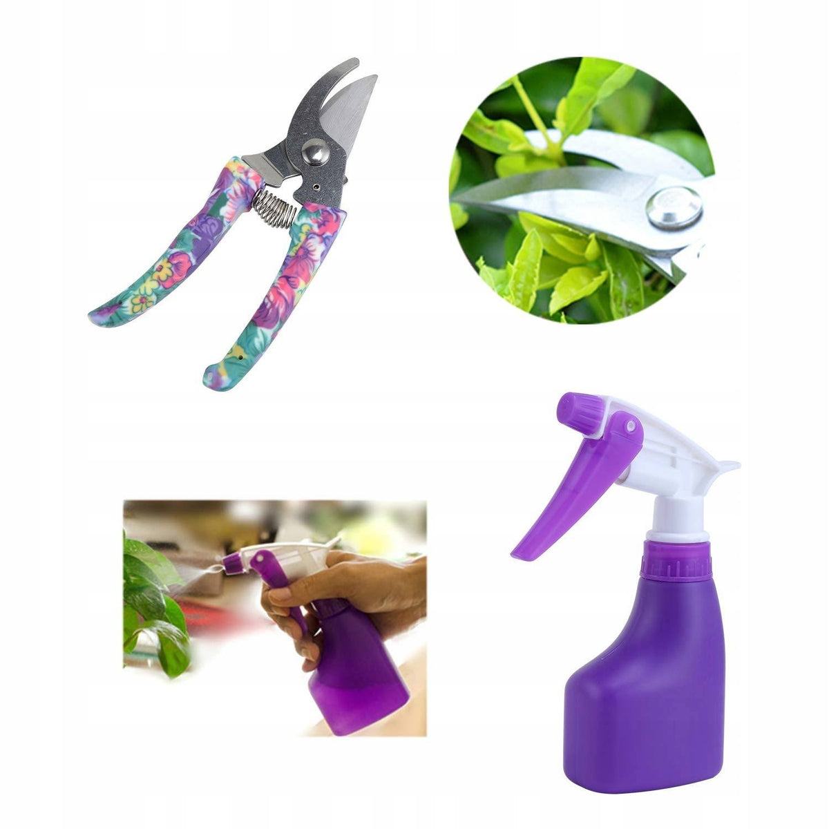 Set Accesorii Pentru Gradinarit Din Otel Inoxidabil, Include Unelte De Mana, Foarfeca Si Pulverizator, Geanta Depozitare Textila, Set 5 Piese, 38 x 29 cm, Mov