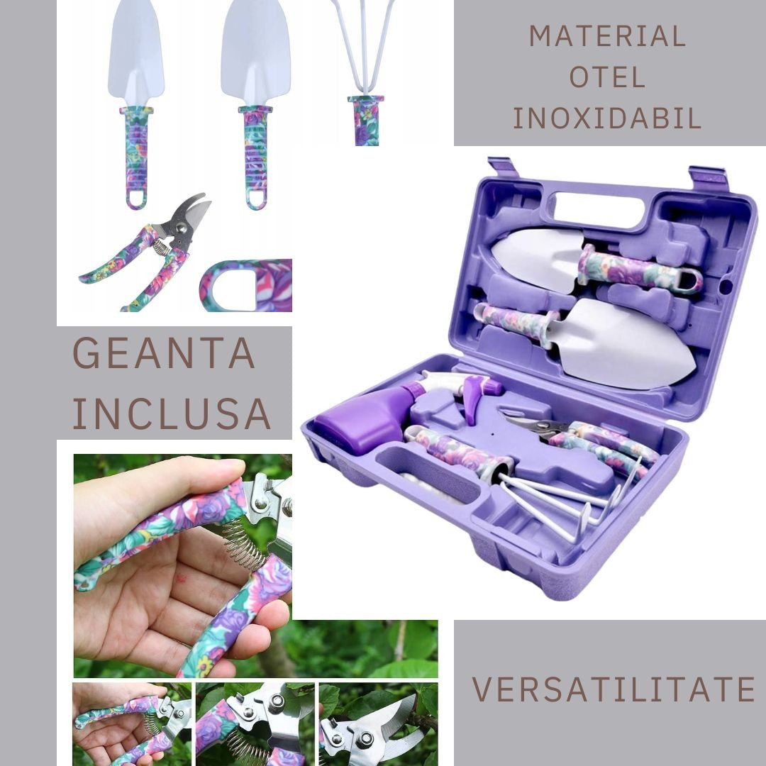 Set Accesorii Pentru Gradinarit Din Otel Inoxidabil, Include Unelte De Mana, Foarfeca Si Pulverizator, Geanta Depozitare Textila, Set 5 Piese, 38 x 29 cm, Mov