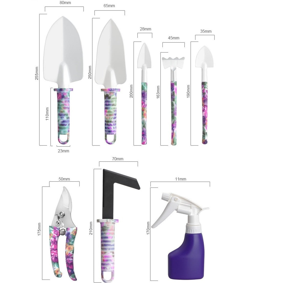 Set Accesorii Gradinarit cu Geanta Depozitare, Unelte Profesionale din Otel Inoxidabil, Lopata, Foarfeca si Grebla, 10 Piese, Mov, 37 x 29 cm