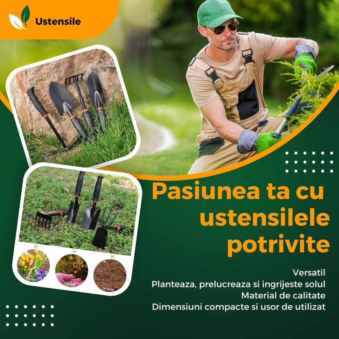 Set 7 Unelte de Gradinarit pentru Plantare si Ingrijire Plante, Kit Ergonomic pentru Prelucrare Sol, Material PVC si Carton, 31.5 x 8 cm, Negru
