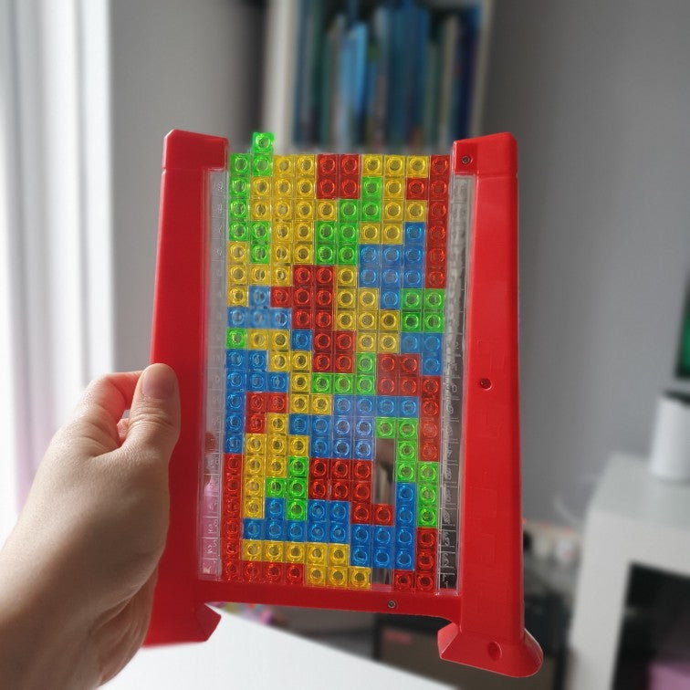Joc De Inteligenta Tetris Puzzle 3D, Tangram Montessori Interactiv, Plastic, 70 Piese Multicolore, Cadru Rosu, 23 x 19.8 x 5 cm