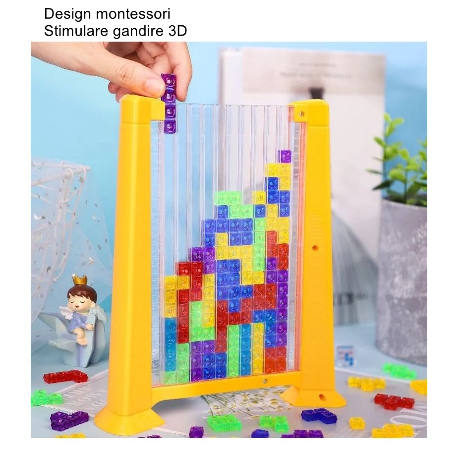 Joc De Inteligență Tetris Puzzle 3D, Educativ Montessori, Plastic, 70 Piese Multicolore, Cadru Galben, 23 x 19.8 x 5 cm