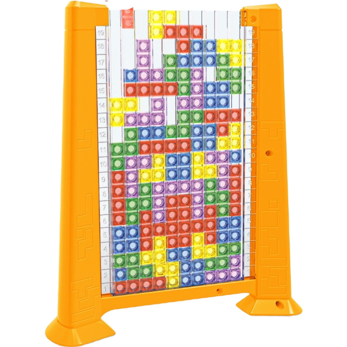 Joc De Inteligență Tetris Puzzle 3D, Educativ Montessori, Plastic, 70 Piese Multicolore, Cadru Galben, 23 x 19.8 x 5 cm