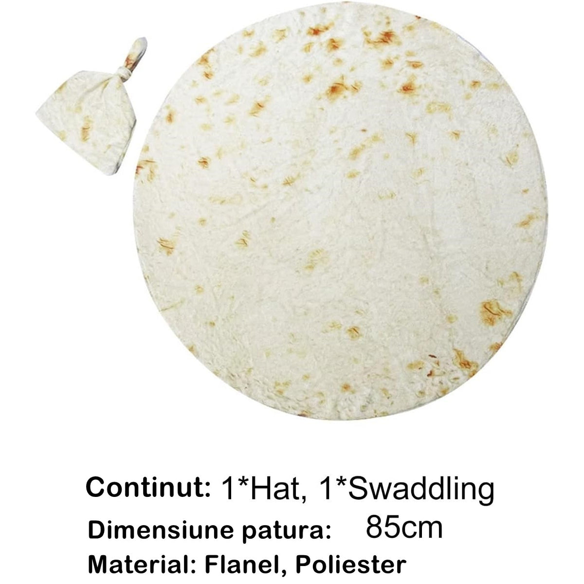 Set Patura Bebelusi Si Caciula, Design Inovativ Forma Lipie Tortilla, Flanel Moale Si Calduros, Poliester, 85 cm, Crem