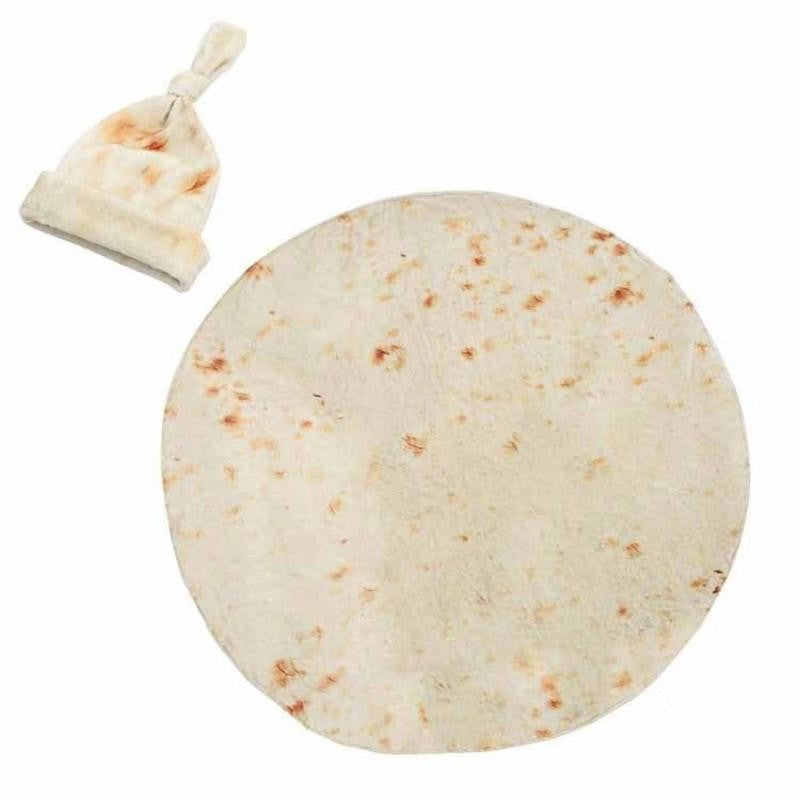 Set Patura Bebelusi Si Caciula, Design Inovativ Forma Lipie Tortilla, Flanel Moale Si Calduros, Poliester, 85 cm, Crem