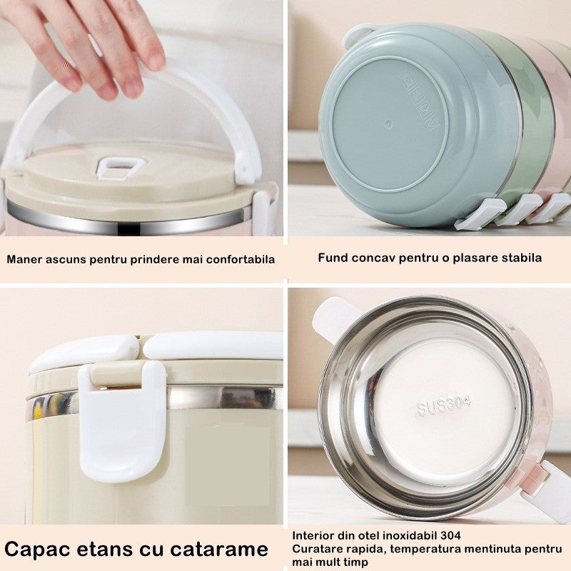 Caserola Termica Lunch Box, Recipient Alimente cu Inchidere Etansa si Valva Aerisire, Otel Inoxidabil si Maner, 700 ml, 15 x 8.5 cm, Albastru