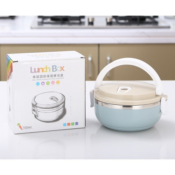 Caserola Termica Lunch Box, Recipient Alimente cu Inchidere Etansa si Valva Aerisire, Otel Inoxidabil si Maner, 700 ml, 15 x 8.5 cm, Albastru