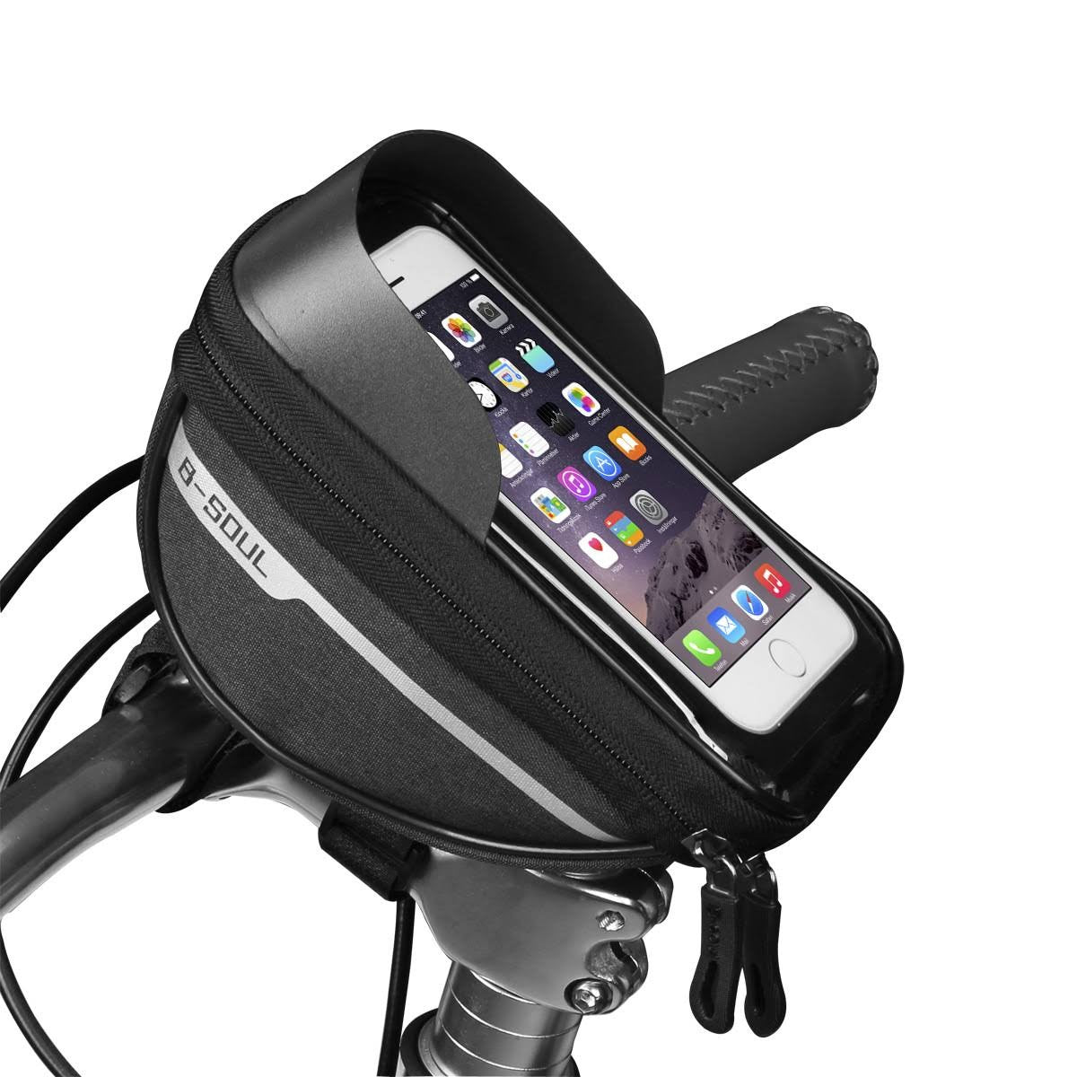 B-Soul Borseta Bicicleta Impermeabila, Geanta Ghidon cu Suport Telefon Touchscreen, Spatiu Depozitare Accesorii, Compatibila Smartphone Maxim 16 cm, 18.5x9.5 cm, Negru