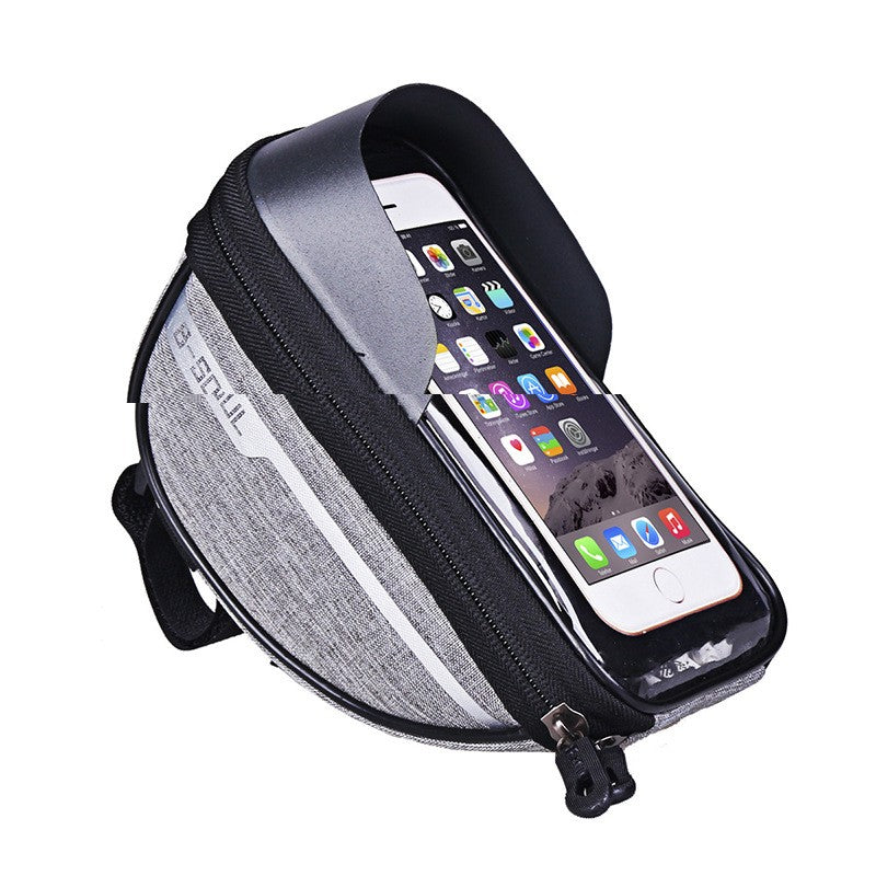 Borseta Bicicleta Impermeabila cu Husa Telefon Tactila, Montare pe Ghidon, Spatiu Depozitare Accesorii, Poliester, Compatibila Telefoane pana la 16 cm, 18.5x9.5 cm, Gri
