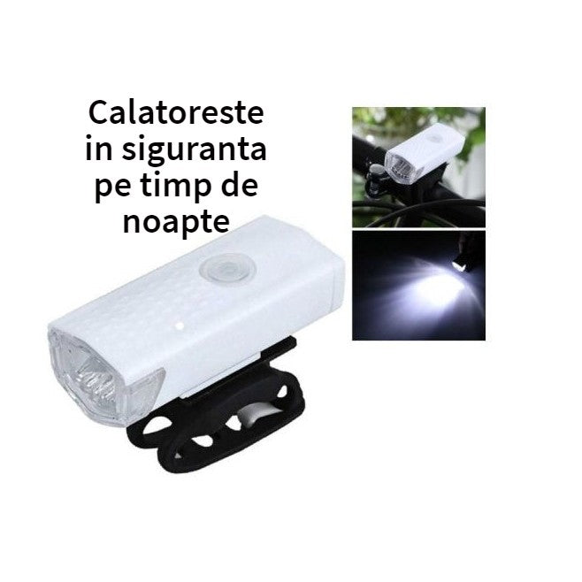 Far Cu LED Pentru Bicicleta Si Trotineta, Proiector Reincarcabil USB, 3 Moduri De Lumina, Rezistenta IPX4, Alb, 6.5x2.9x2.3 cm