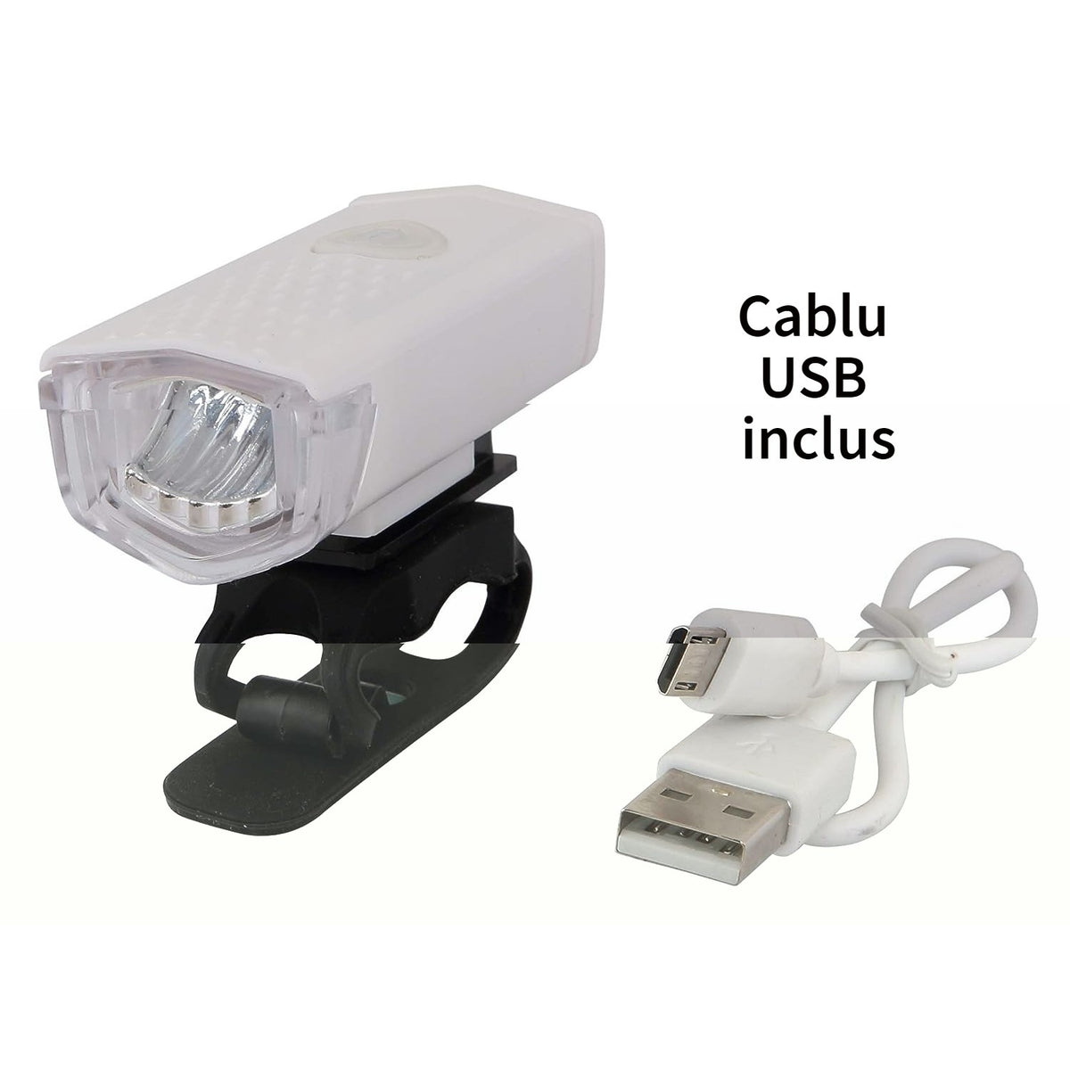 Far Cu LED Pentru Bicicleta Si Trotineta, Proiector Reincarcabil USB, 3 Moduri De Lumina, Rezistenta IPX4, Alb, 6.5x2.9x2.3 cm