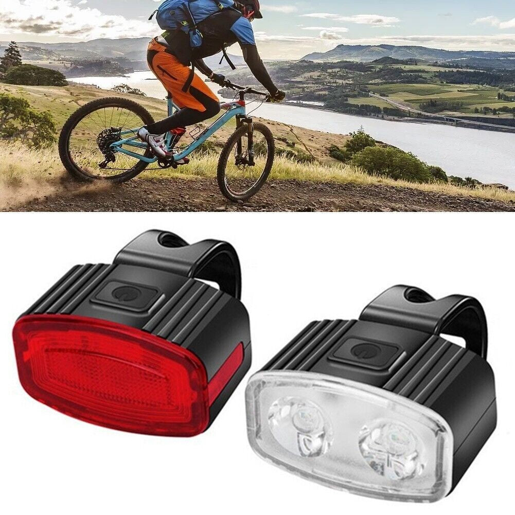 Set Far LED Bicicleta si Stop Spate, Incarcare USB, Rezistent la Apa IPX5, 4 Moduri Iluminare, Plastic, Alb si Rosu, 2 Bucati