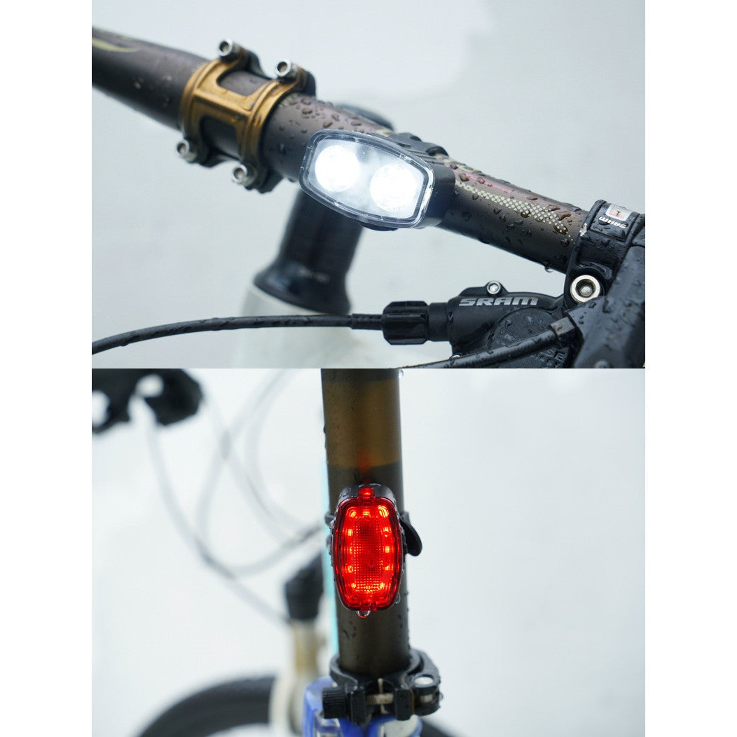 Set Far LED Bicicleta si Stop Spate, Incarcare USB, Rezistent la Apa IPX5, 4 Moduri Iluminare, Plastic, Alb si Rosu, 2 Bucati