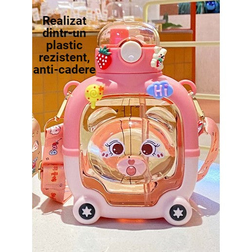 Sticla de Apa pentru Copii cu Pai, Model Ursulet, Gradata, Deschidere Push, Curea Reglabila si Stickere, Plastic Rezistent BPA Free, 1 L, Roz, 20 x 13 cm