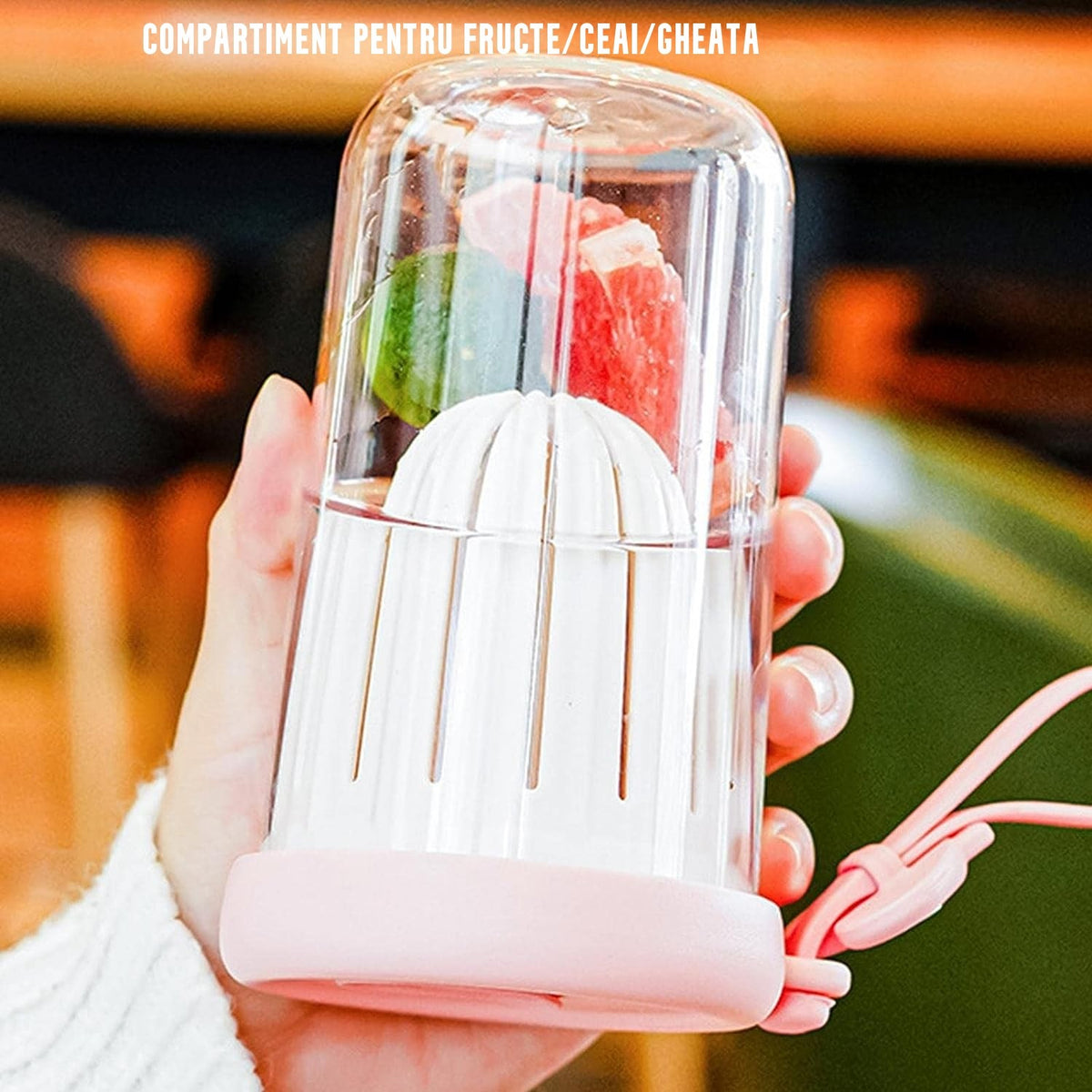 Pahar Pentru Copii Cu Pai Detasabil Si Capac, Compartiment Infuzor Pentru Fructe Sau Ceai, Rezistent La Temperaturi Inalte, Plastic Fara BPA, 500 ml, Roz, 14.5x8.8x20 cm
