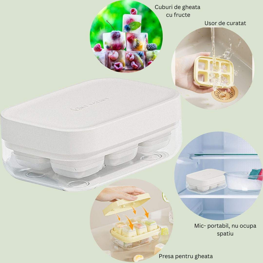 Formă Pentru Gheață Cu Presă, Caserolă Pentru Depozitare Inclusă, Silicon Alimentar, 6 Cuburi, 10.5 x 7.5 x 4.1 cm, Alb