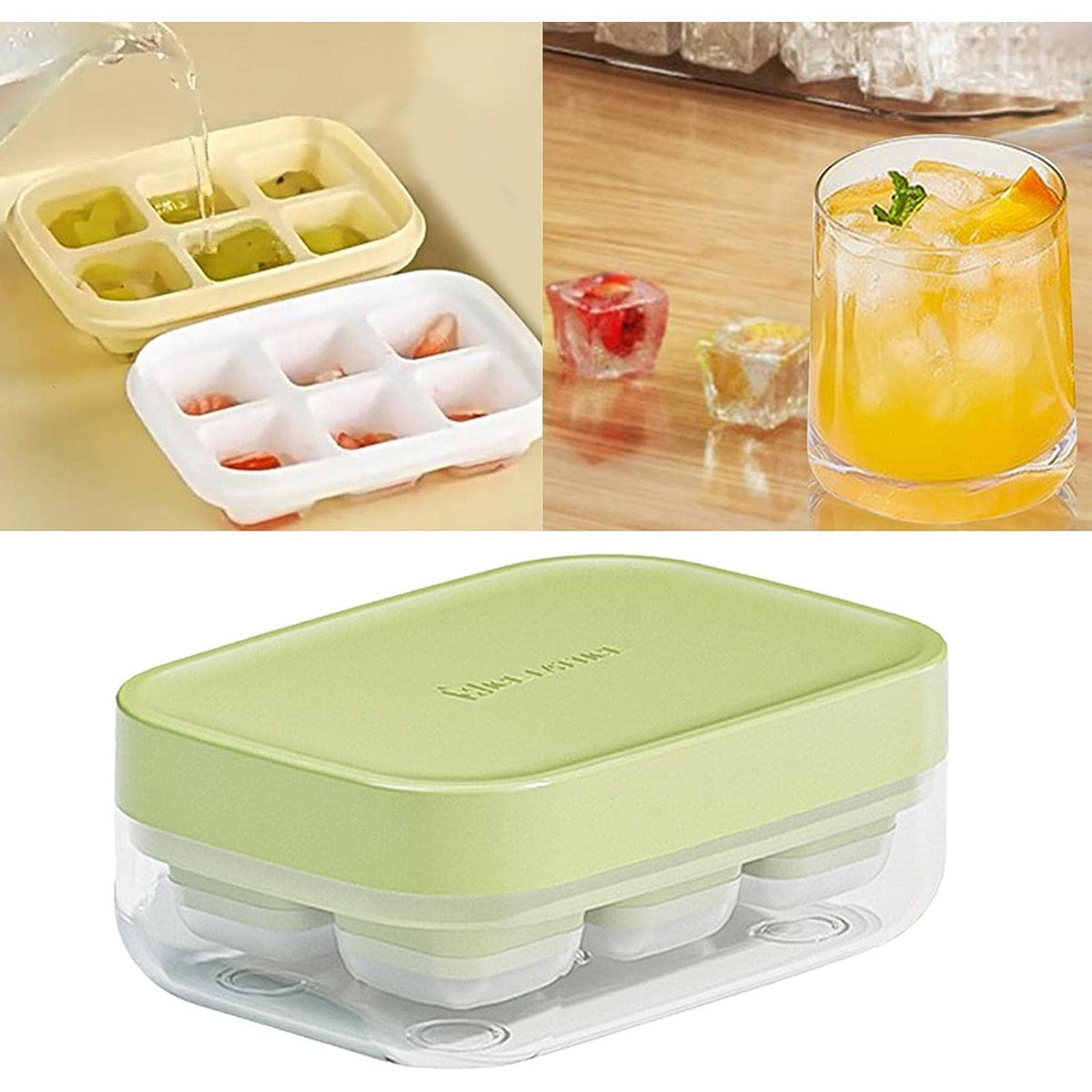 Forma pentru Gheata cu Presa si Caserola de Depozitare, Silicon Alimentar, 6 Cuburi Mari, 10.5 x 7.5 x 4.1 cm, Verde