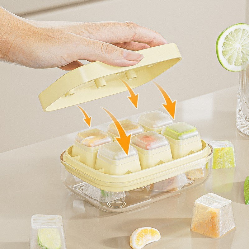 Forma pentru Gheata cu Presa pentru Eliberare Rapida, Caserola Depozitare Inclusa, Silicon Alimentar, 6 Cuburi, 10.5 x 7.5 x 4.1 cm, Galben