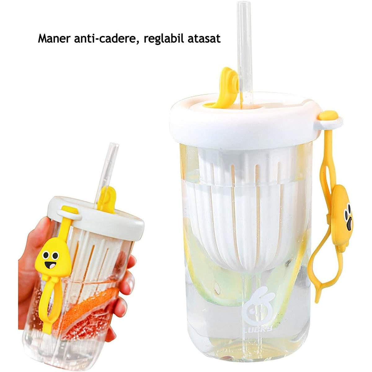 Pahar Pentru Copii Cu Capac Si Pai, Compartiment Infuzor Pentru Fructe Sau Ceai, Rezistent La Socuri Si Temperaturi Inalte, Plastic Fara BPA, 500 ml, Alb, 14.5x8.8x20 cm