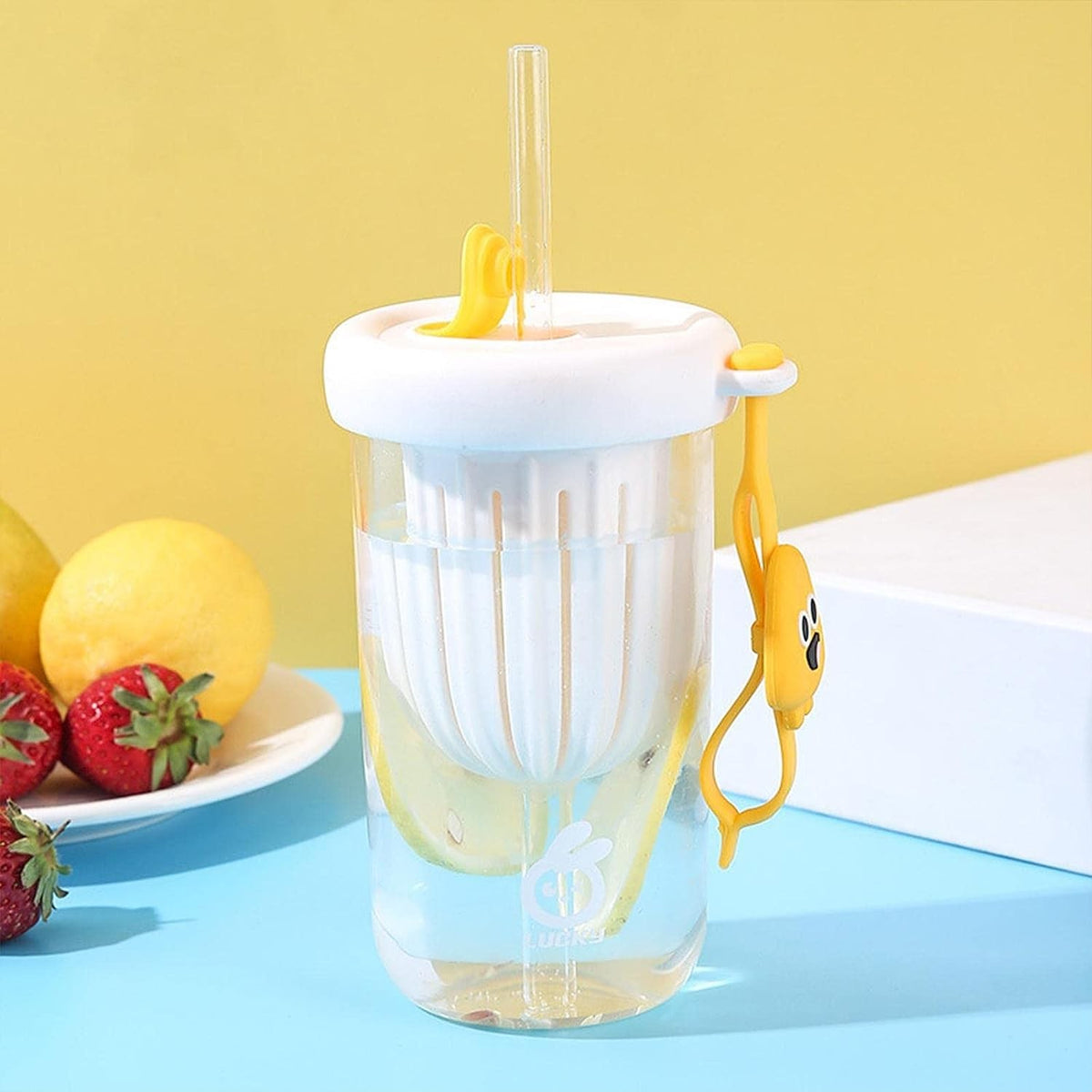 Pahar Pentru Copii Cu Capac Si Pai, Compartiment Infuzor Pentru Fructe Sau Ceai, Rezistent La Socuri Si Temperaturi Inalte, Plastic Fara BPA, 500 ml, Alb, 14.5x8.8x20 cm