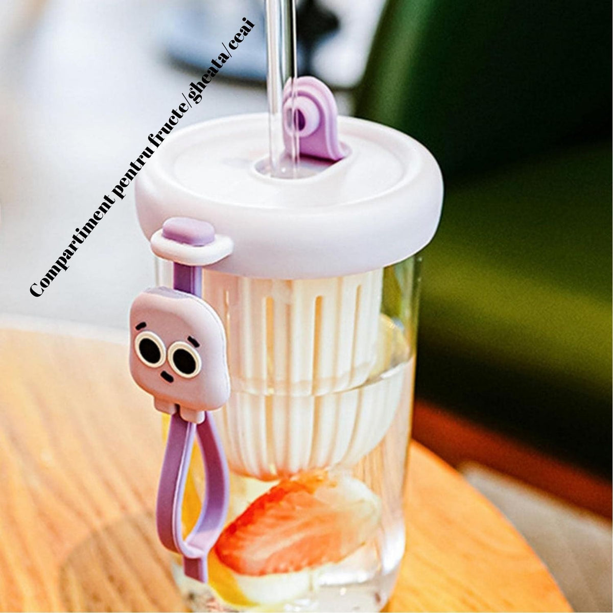 Pahar Copii cu Pai Detasabil si Capac, Protectie Anti-Cadere, Compartiment Infuzor pentru Fructe sau Ceai, Plastic Rezistent, 500 ml, Mov, 14.5x8.8x20 cm