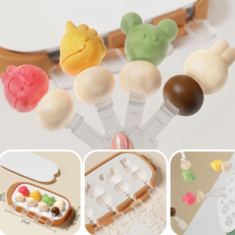 Forma Pentru Inghetata De Casa Cu 4 Compartimente, Modele Animale Din Desene Animate, Silicon Alimentar Si ABS, Sistem Eliberare Rapida Cu Buton, 21 x 12.8 x 3 cm, Portocaliu
