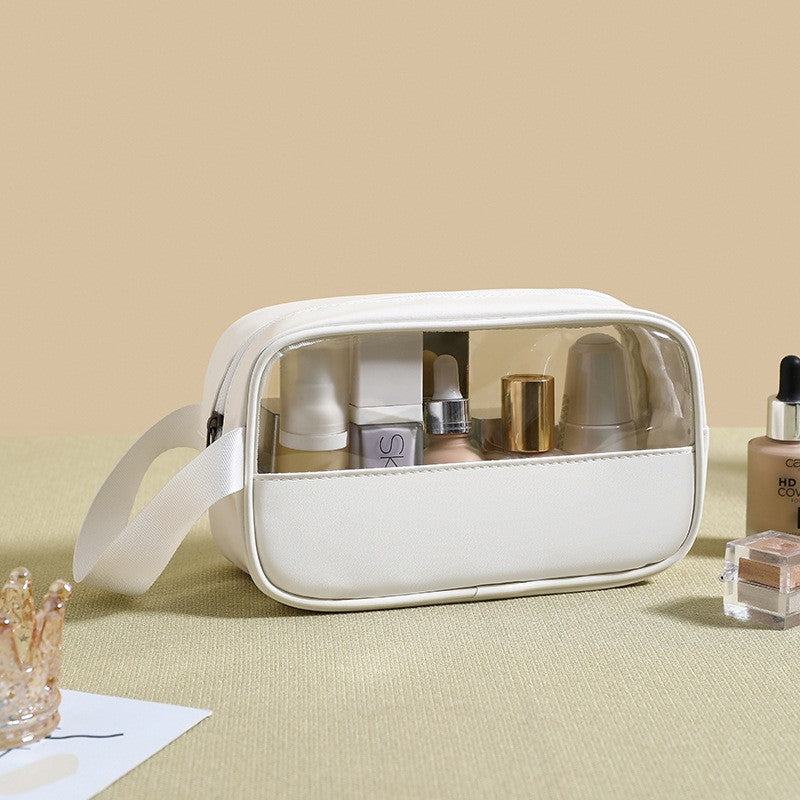 Geanta Cosmetice pentru Voiaj, Organizator Machiaj Impermeabil, Material PVC si Textil, Design Portabil, 22 x 12 x 8 cm, Alb