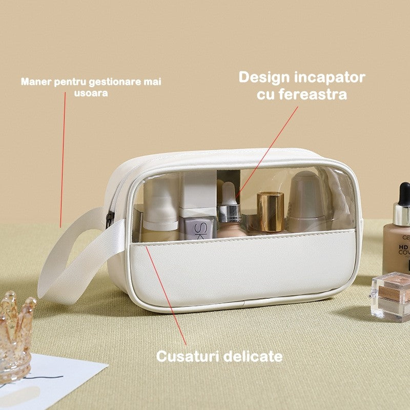 Geanta Cosmetice pentru Voiaj, Organizator Machiaj Impermeabil, Material PVC si Textil, Design Portabil, 22 x 12 x 8 cm, Alb