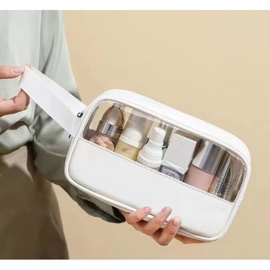 Geanta Cosmetice pentru Voiaj, Organizator Machiaj Impermeabil, Material PVC si Textil, Design Portabil, 22 x 12 x 8 cm, Alb