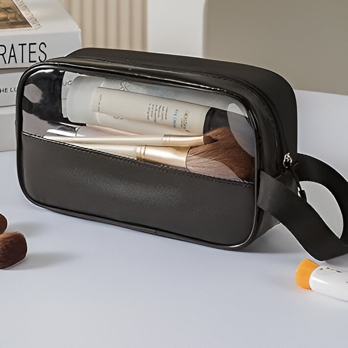 Geanta Cosmetice pentru Voiaj si Organizare, Portabila si Impermeabila, Material PVC si Textil, 22 x 12 x 8 cm, Negru