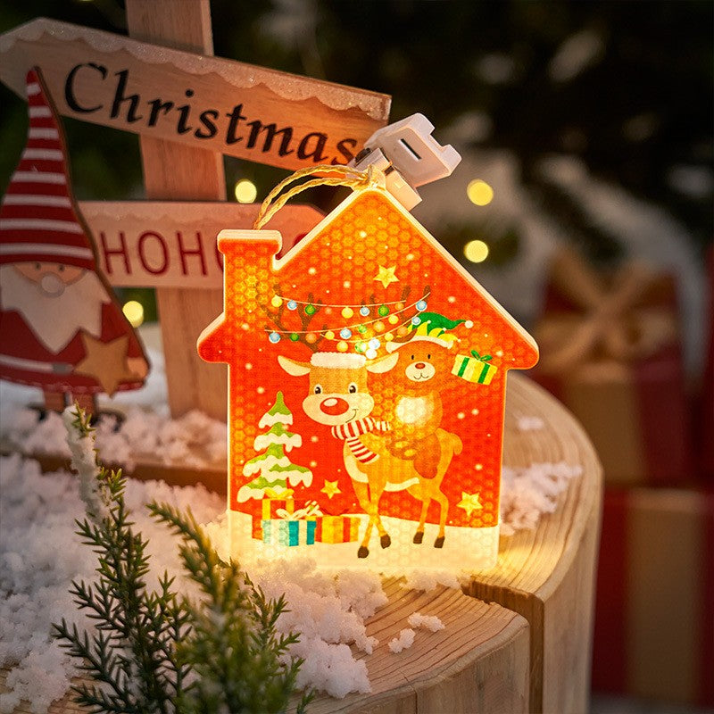 Decoratiune de Craciun Luminoasa in Forma de Brad, Ornament cu Mos Craciun si Agatatoare, Lumina LED Alb Cald, Plastic, 11.5 x 10.6 cm