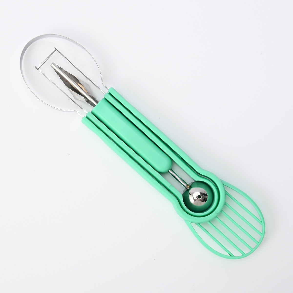 Set Ustensila Multifunctionala 4 in 1 pentru Taiat si Decorat Fructe, Lama Otel Inoxidabil, Maner Ergonomic Antiderapant, Plastic si Inox, 28x6.2 cm, Verde