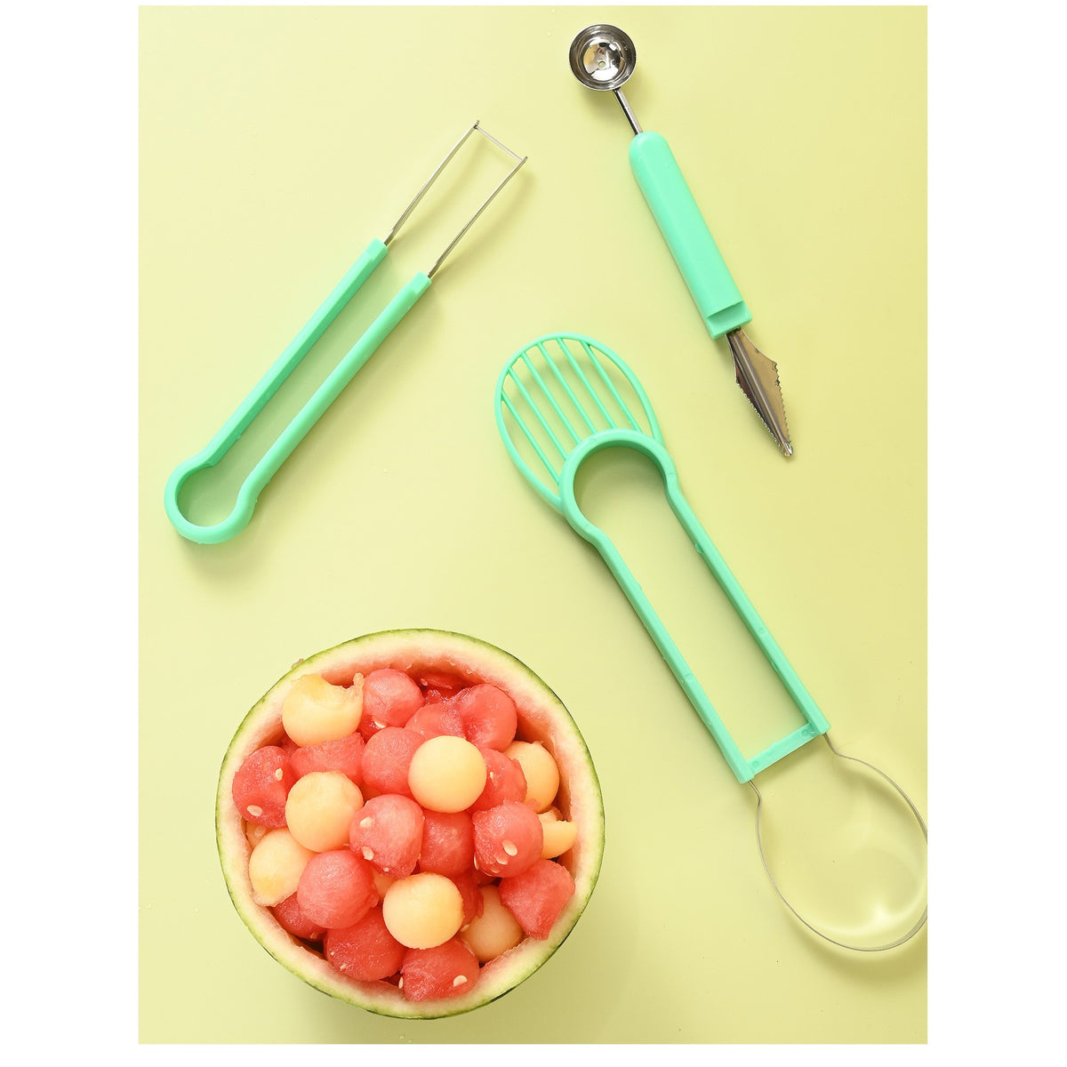 Set Ustensila Multifunctionala 4 in 1 pentru Taiat si Decorat Fructe, Lama Otel Inoxidabil, Maner Ergonomic Antiderapant, Plastic si Inox, 28x6.2 cm, Verde