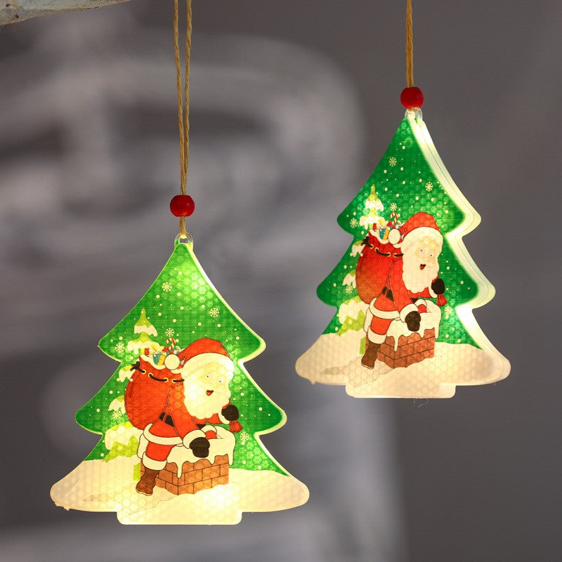 Decoratiune de Craciun Luminoasa in Forma de Brad, Ornament cu Mos Craciun si Agatatoare, LED Lumina Alba Calda, Plastic, 11.5 x 10.6 cm