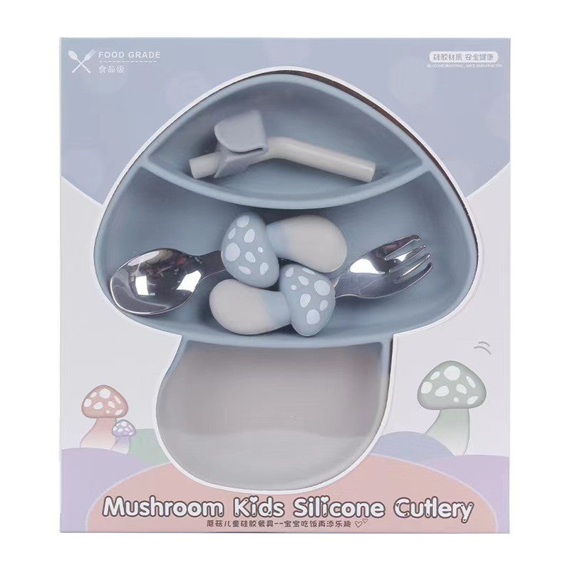 Set Diversificare Bebelusi, Farfurie Compartimentata Ciuperca cu Ventuza, Silicon Fara BPA, Include Lingurita, Furculita, Pai si Perie, 18 x 19.5 cm, Albastru