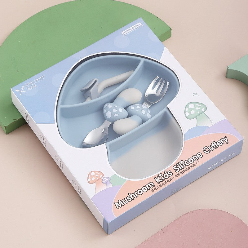 Set Diversificare Bebelusi, Farfurie Compartimentata Ciuperca cu Ventuza, Silicon Fara BPA, Include Lingurita, Furculita, Pai si Perie, 18 x 19.5 cm, Albastru