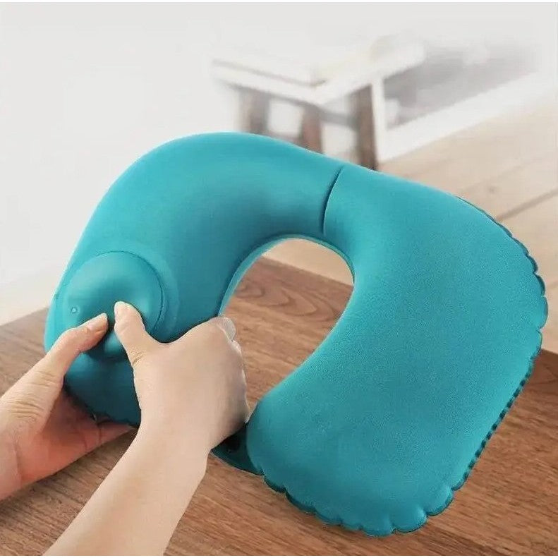 Perna Pentru Gat Si Calatorii, Umflare Rapida Prin Apasare, Design Ergonomic In Forma De U, Material Catifelat Moale, 40 x 28 cm, Verde