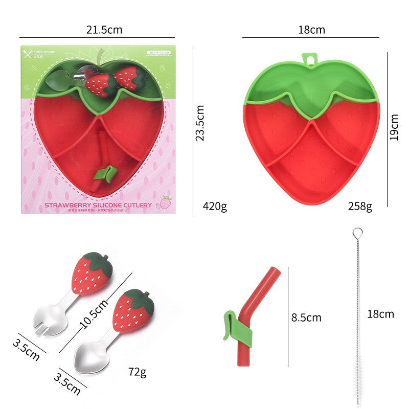 Set Diversificare Bebelusi, Farfurie Compartimentata cu Ventuza in Forma de Capsuna, Silicon Fara BPA, Include Lingurita, Furculita si Pai cu Perie de Curatare, 19 x 18 cm, Rosu