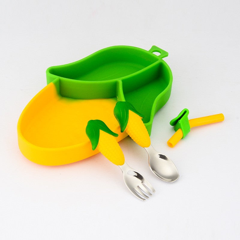 Set Diversificare Bebelusi, Farfurie Compartimentata Porumb cu Ventuza, Silicon Fara BPA, Lingurita, Furculita, Pai si Perie, 5 Piese, 23.5 x 12.5 cm, Galben