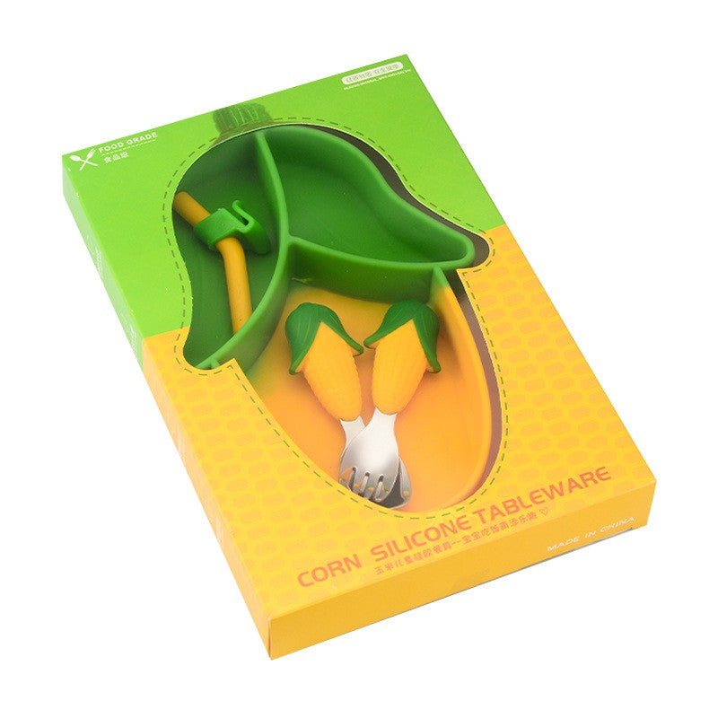 Set Diversificare Bebelusi, Farfurie Compartimentata Porumb cu Ventuza, Silicon Fara BPA, Lingurita, Furculita, Pai si Perie, 5 Piese, 23.5 x 12.5 cm, Galben