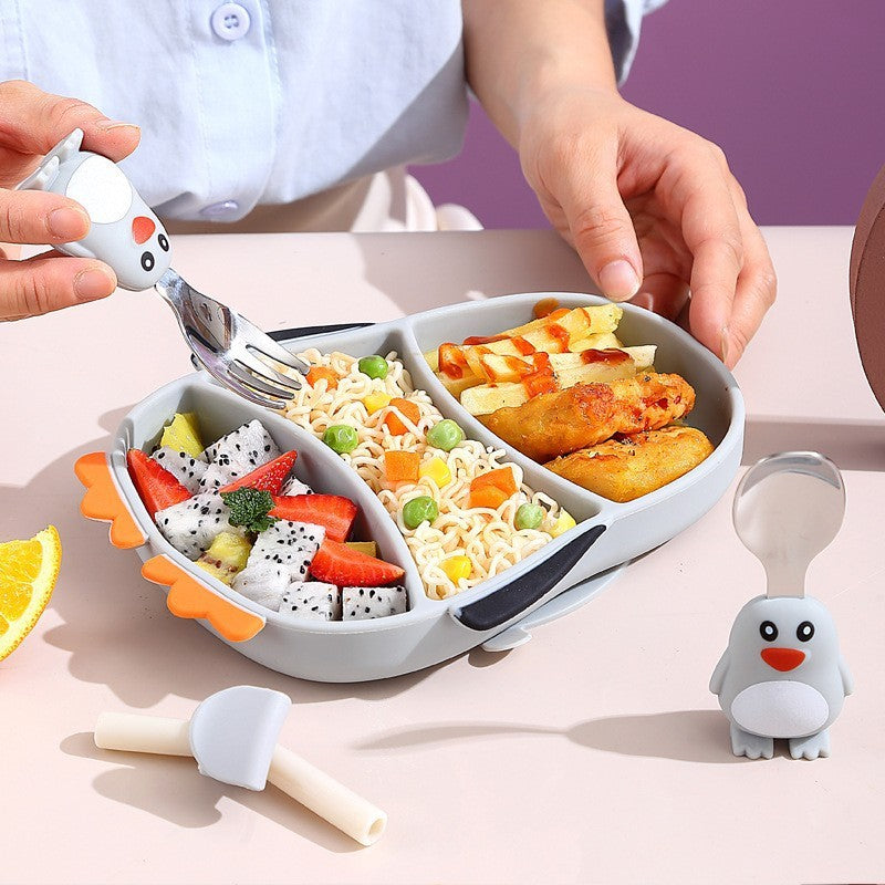 Set Diversificare Bebelusi, Farfurie Compartimentata Pinguin cu Ventuza Fixare, Silicon Fara BPA, Include Lingurita, Furculita, Pai si Perie Curatare, 23.5 x 12.5 cm, Gri