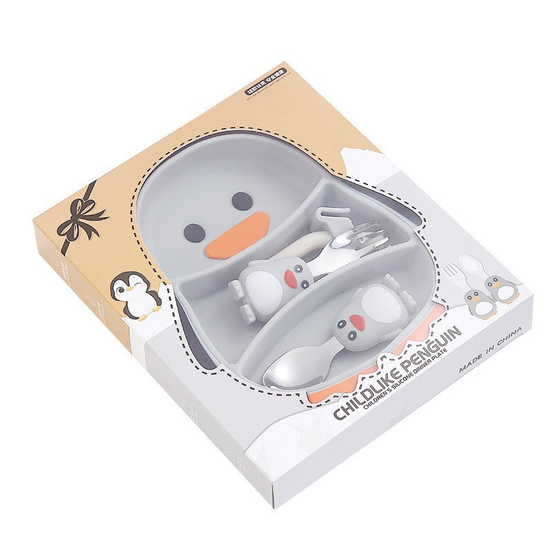 Set Diversificare Bebelusi, Farfurie Compartimentata Pinguin cu Ventuza Fixare, Silicon Fara BPA, Include Lingurita, Furculita, Pai si Perie Curatare, 23.5 x 12.5 cm, Gri