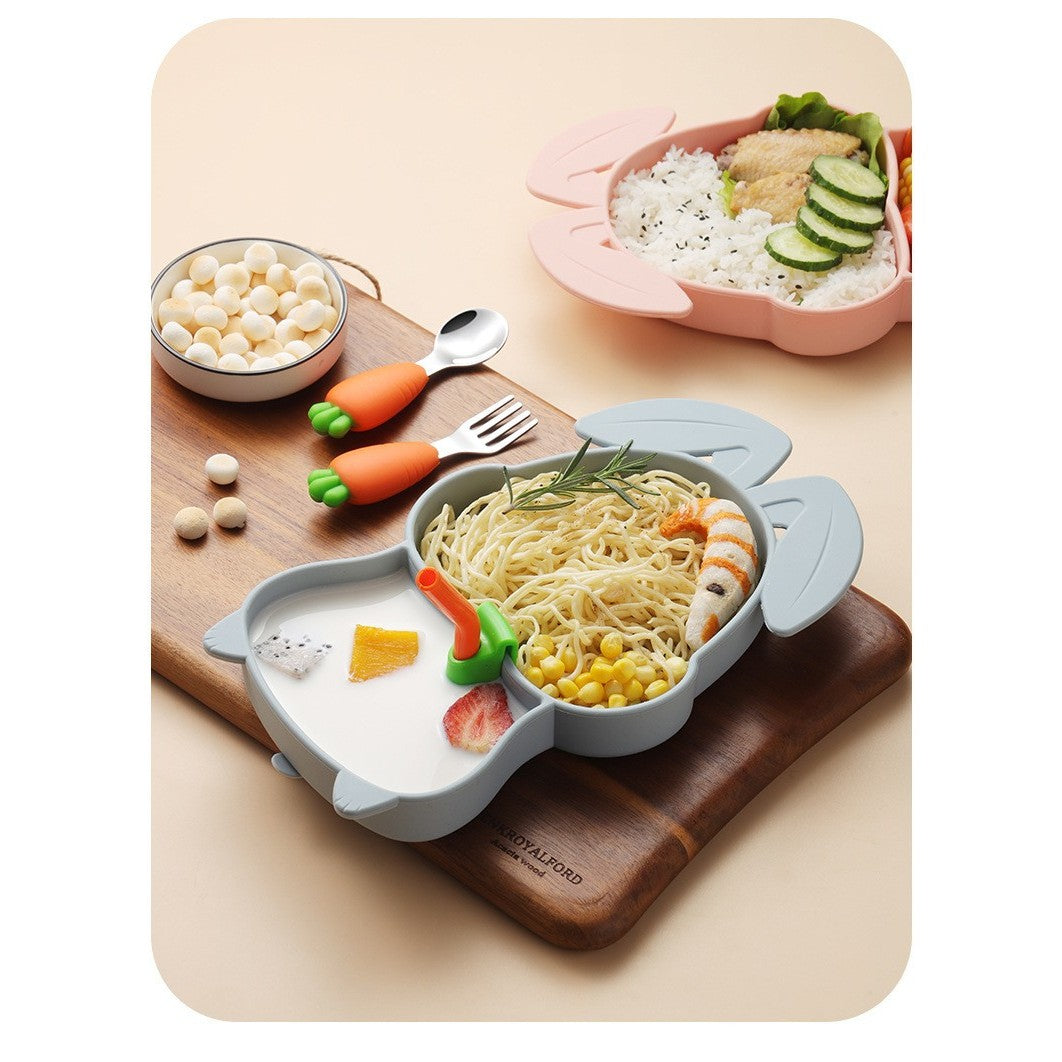Set Diversificare Bebelusi, Farfurie Compartimentata Iepure cu Ventuza, Silicon Fara BPA, Include Lingurita, Furculita, Pai si Perie Curatare, 26 x 15 cm, Bleumarin