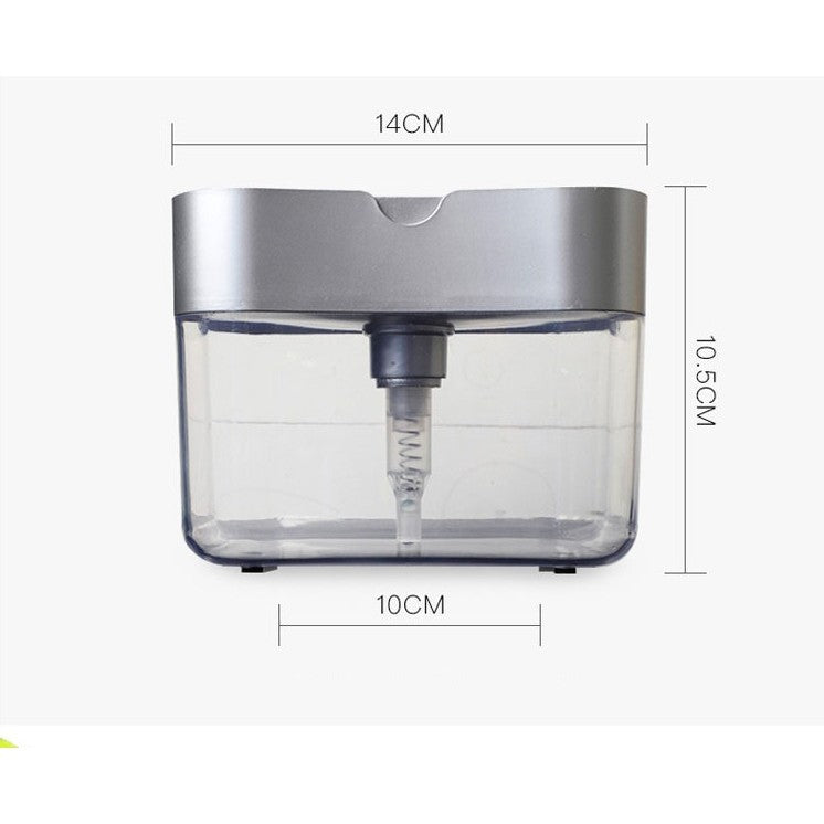 Dozator Detergent Vase 2 in 1 cu Suport Burete, Dispenser Manual cu Pompa, Plastic ABS Rezistent, Compact pentru Bucatarie sau Baie, 385 ml, 14 x 10.5 x 10 cm, Gri