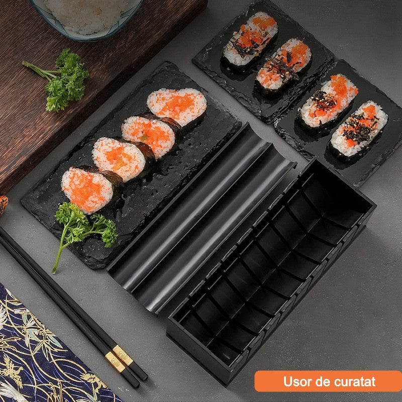 Set Ustensile Pentru Facut Sushi, Kit Preparare Cu 10 Piese, Include 4 Forme Diferite Si Model Inima, Material Plastic ABS, Negru