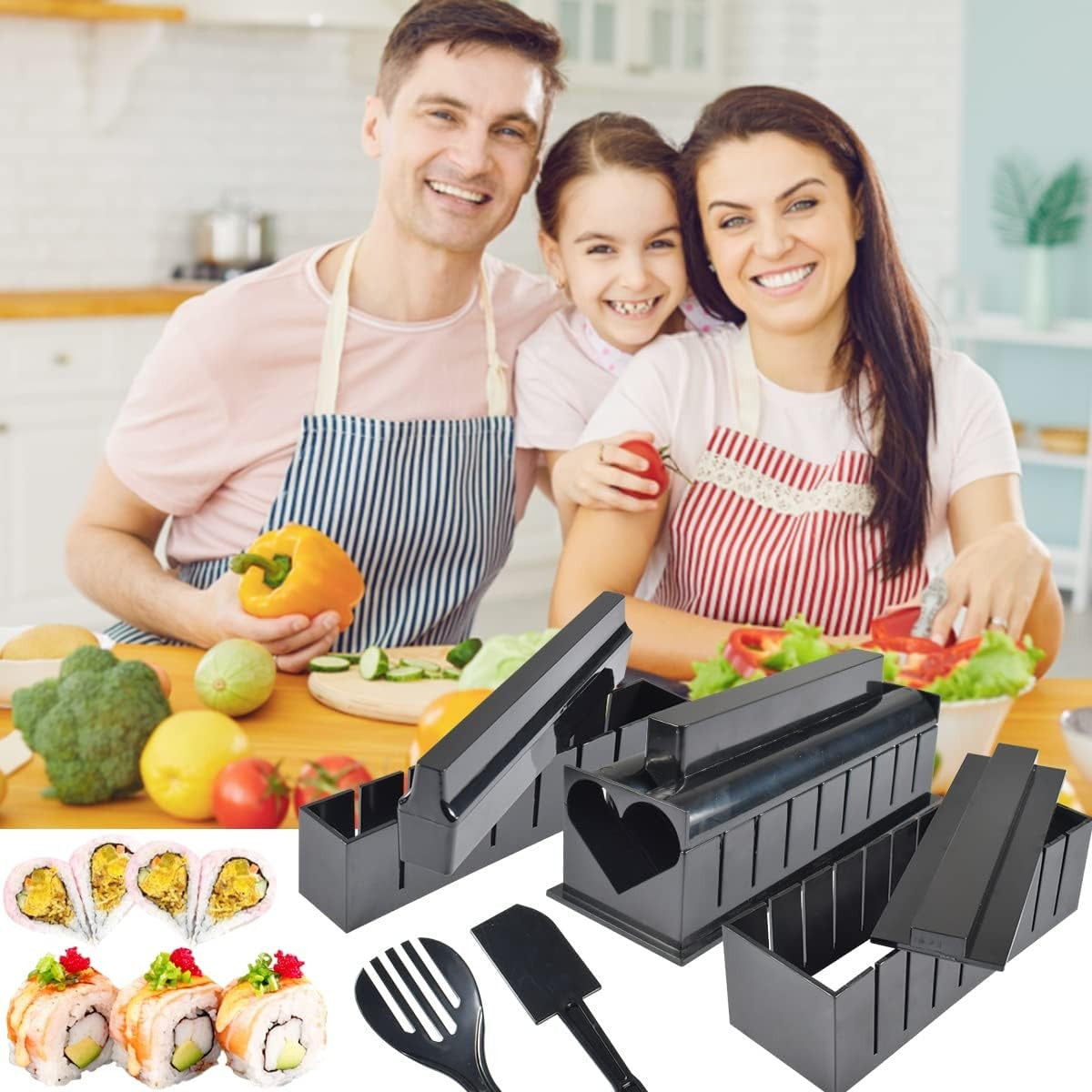 Set Ustensile Pentru Facut Sushi, Kit Preparare Cu 10 Piese, Include 4 Forme Diferite Si Model Inima, Material Plastic ABS, Negru