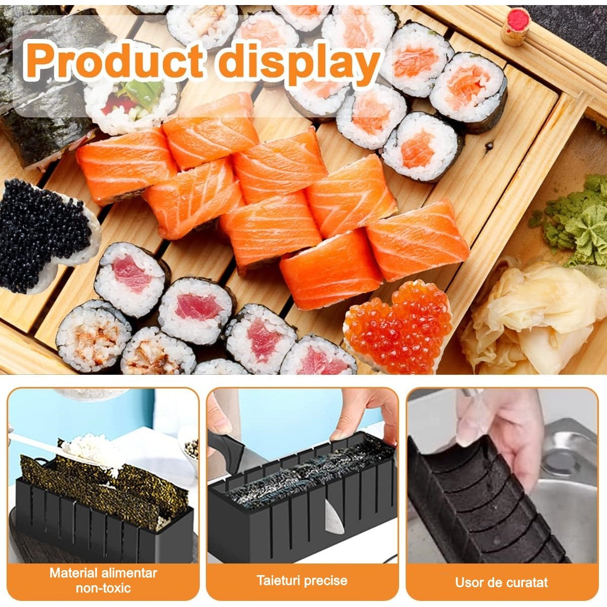 Set Ustensile Pentru Facut Sushi, Kit Preparare Cu 10 Piese, Include 4 Forme Diferite Si Model Inima, Material Plastic ABS, Negru