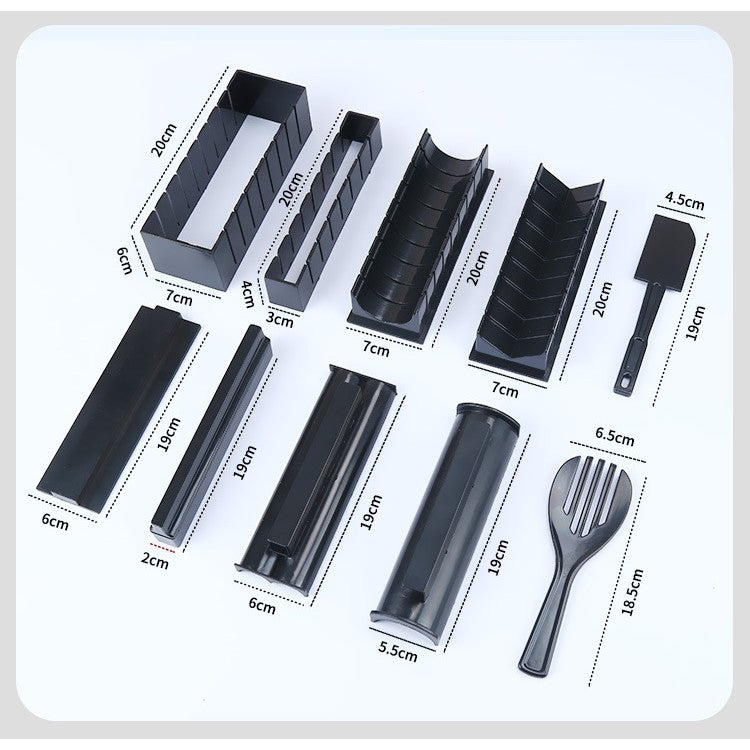 Set Ustensile Pentru Facut Sushi, Kit Preparare Cu 10 Piese, Include 4 Forme Diferite Si Model Inima, Material Plastic ABS, Negru