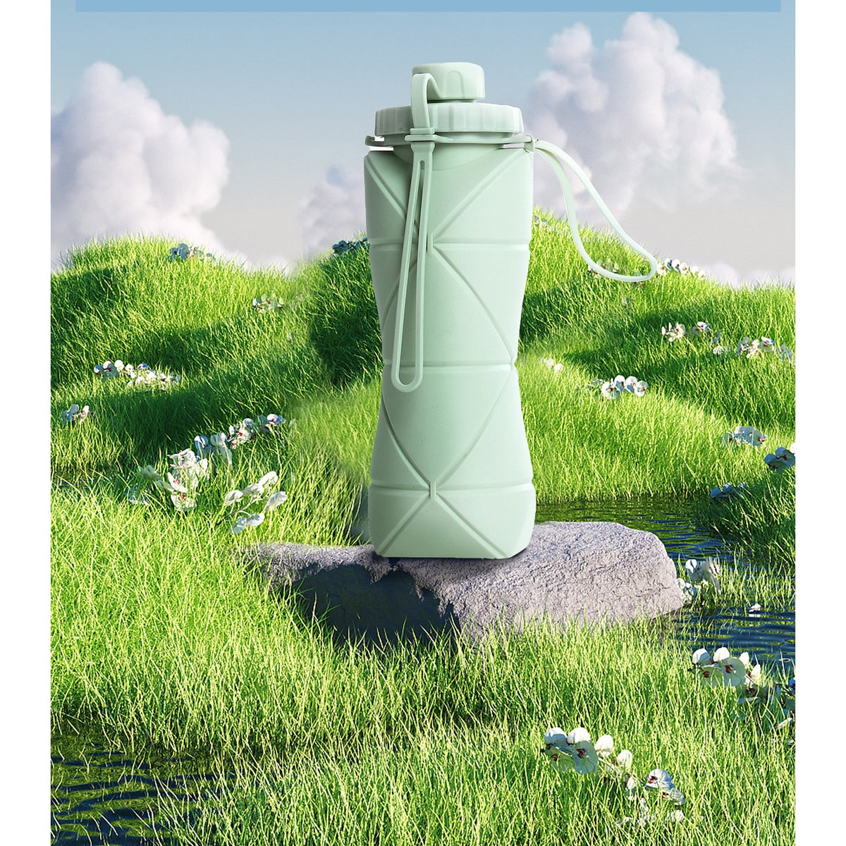 Sticla de Apa Pliabila, Recipient Reutilizabil pentru Sport si Calatorii, Silicon Termorezistent, 600 ml, Verde, 22 x 7.8 cm